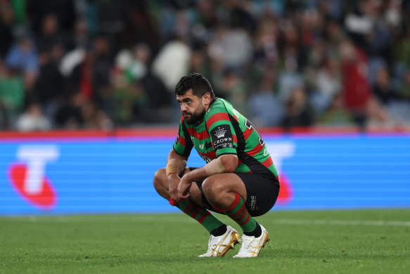 Shaquai Mitchell takes a minute after the Rabbitohs season ends on Friday night. 
