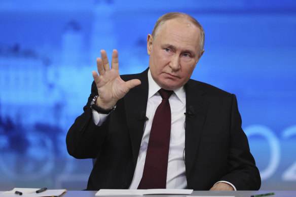 Russian President Vladimir Putin speaks during his annual news conference in Moscow, Russia.