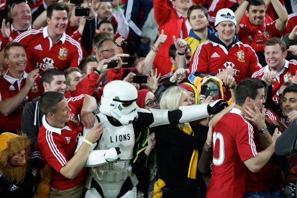 Jonathan Sexton celebrating with Lions fans in Sydney in 2013.