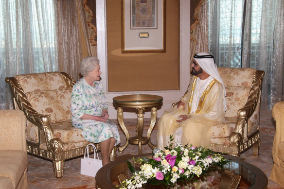 Sheikh Mohammed with Queen Elizabeth II in Abu Dhabi; he is an acquaintance of the British monarch and owns a racing stable and an estate in the UK.