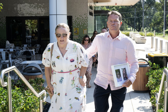 Peta and Jamie James leave the NSW Coroners Court on Thursday.