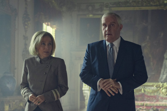 Gillian Anderson as Emily Maitlis and Rufus Sewell as Prince Andrew in Scoop.
