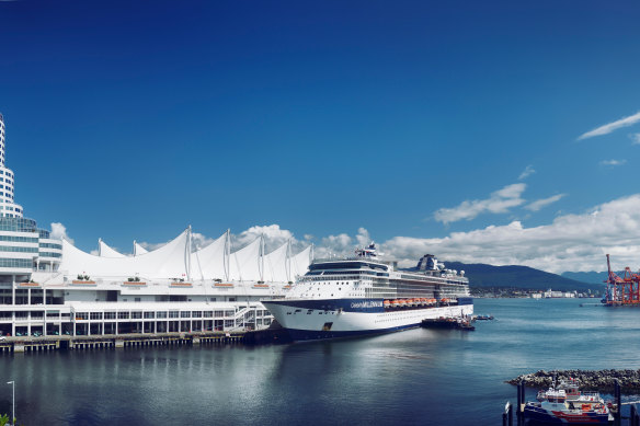 Cruise ship docked in front of the Vancouver Convention Centre.