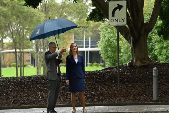 Federal Urban Infrastructure Minister Paul Fletcher and NSW Metropolitan Roads Minister Natalie Ward near the roundabout on Tuesday.