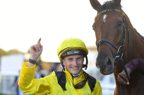 Tom Marquand with Addeybb after winning the Queen Elizabeth Stakes at Randwick in April.