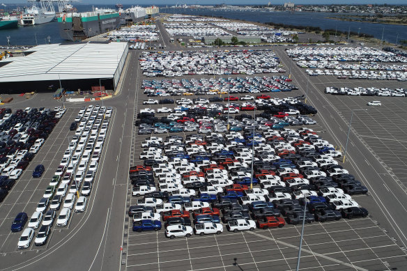 Imported cars at the Melbourne International RoRo and Auto Terminal in Port Melbourne.