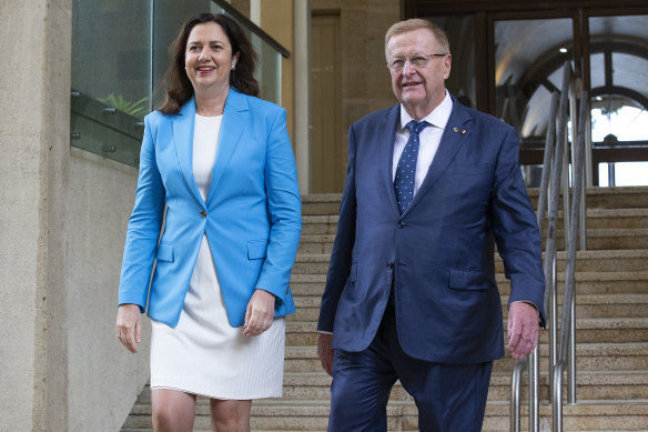 Queensland Premier Annastacia Palaszczuk and President of the Australian Olympic Committee John Coates speak to the media in Brisbane on Thursday. 