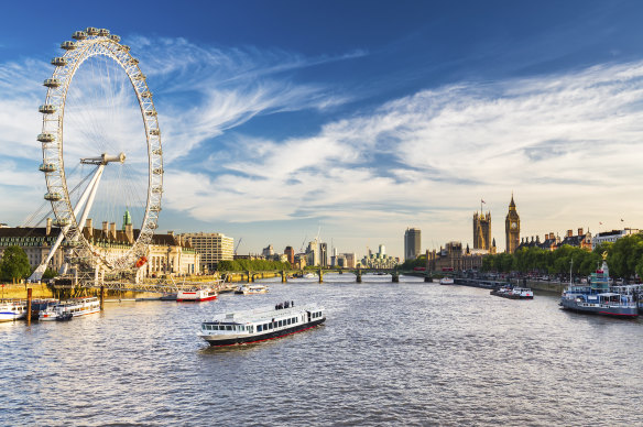 London sights – Westminster, Big Ben and the London Eye with the Thames alongside.