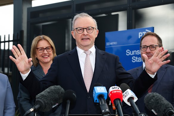 Prime Minister Anthony Albanese on Monday spruiking the proposed Sunshine station upgrade with Premier Jacinta Allan.