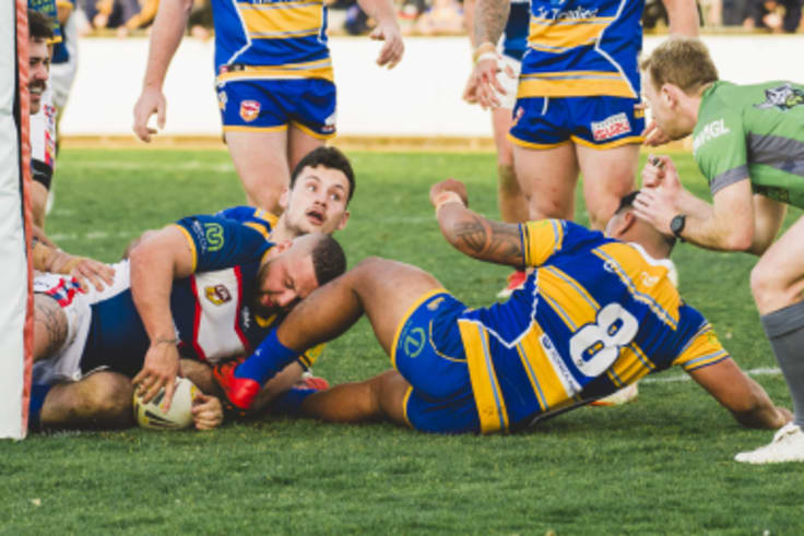 Bushrangers forward Jamal Nchouki scores one of his two tries.