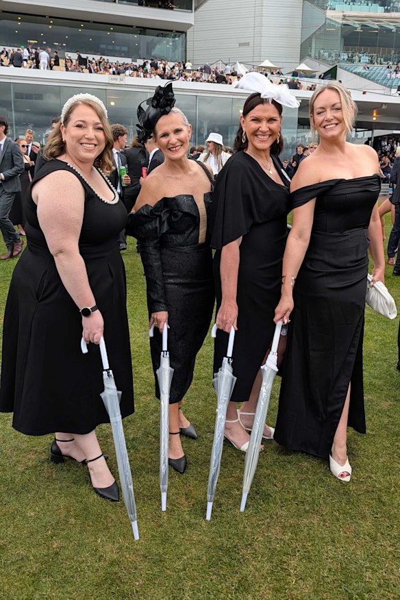 Chloe Simpson, Tessa Foord, Katie Guest and Hayley Renson travelled from Brisbane to celebrate their friend’s 50th birthday at Derby Day.