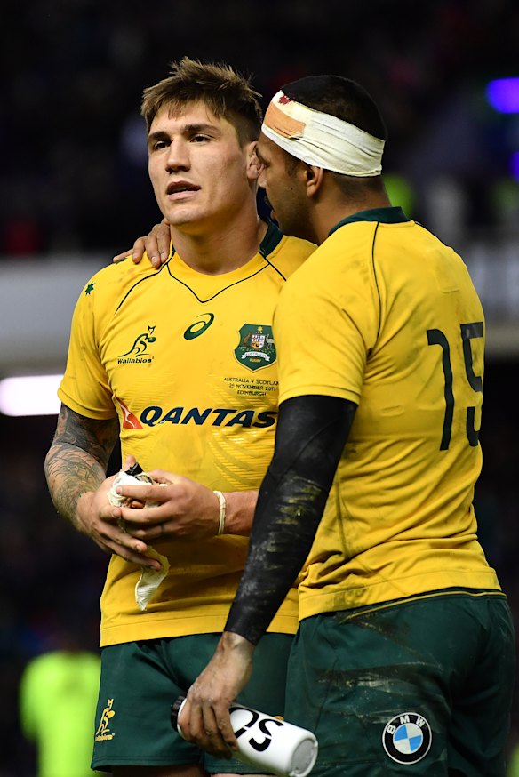 Full circle: Kurtley Beale consoles Sean McMahon after the Wallabies lost to Scotland in 2017. It was McMahon’s last appearance.