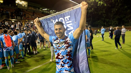 APIA Leichhardt’s Nick Azzone celebrates the win.