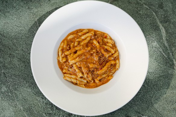 The busiate alla bolognese is made with wagyu beef slow-cooked for 12 hours.