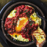 Baked eggs with chorizo, peppers and soft polenta