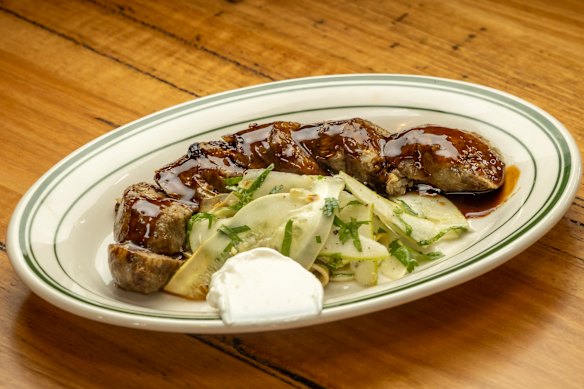 Lamb biryani sausage made from Flinders Island lamb shoulder, preserved lemon, fermented chilli, sultanas and rice.