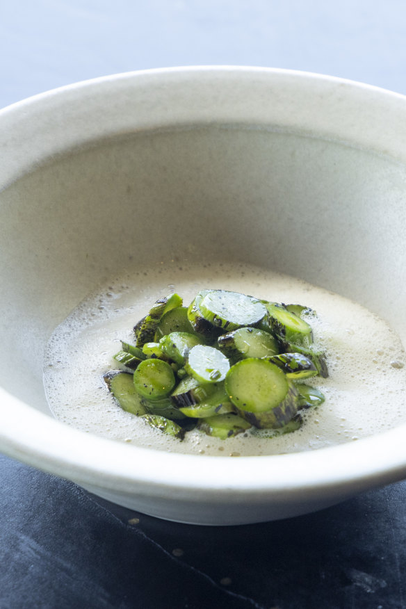 Lamb sweetbreads with  asparagus slivers in koji sauce.