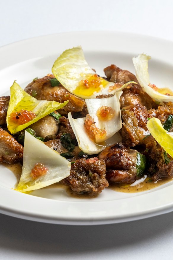 Lamb sweetbreads with finger lime, witlof and brown butter.