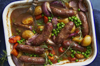 One-pan sausage and vegetables with gravy.