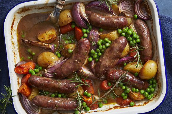 One-pan sausage and vegetables with gravy.