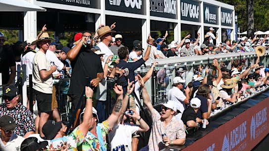 Fans cheer on LIV Golf’s party hole at Adelaide.