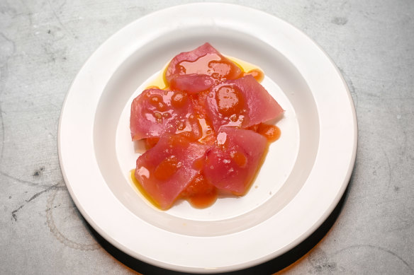 Smoked albacore tuna with tomato.