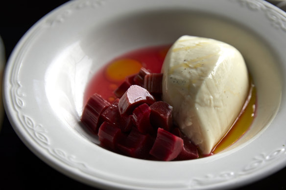 “Bloody good” vanilla panna cotta with rhubarb and olive oil.