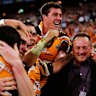 Wests Tigers celebrate with coach Tim Sheens in 2005.