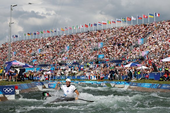 Giovanni de Gennaro of Italy celebrates during the canoe slalom men’s kayak single final.