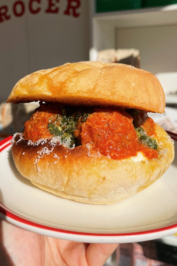 Applehead’s meatball sub with crunchy almond pesto.