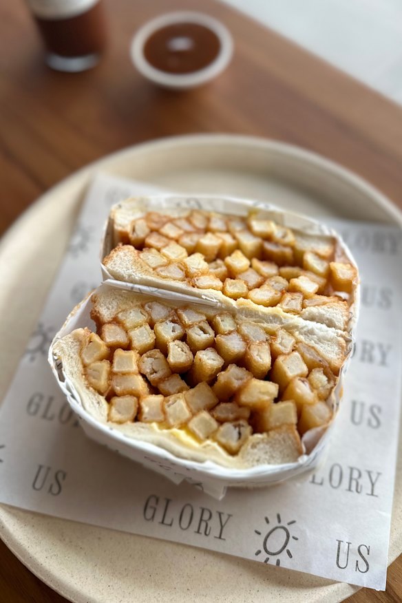 The chip butty at Glory-Us cafe is finished with homemade HP sauce.