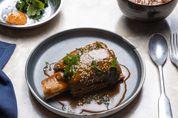 Beautifully tender slow-cooked beef short ribs with a ginger and coffee sauce.