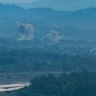 Smoke billows after an explosion on Saturday in Jammu, India.