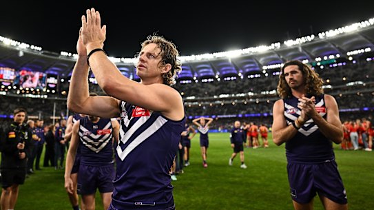 Nat Fyfe thanks Fremantle fans after his final game.