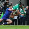 James Lowe scores a spectacular try.