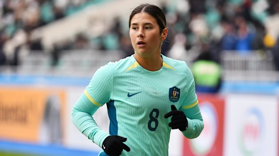 Cooney-Cross in action during the Matildas’ 3-0 Olympic-qualifying win over Uzbekistan in Tashkent.