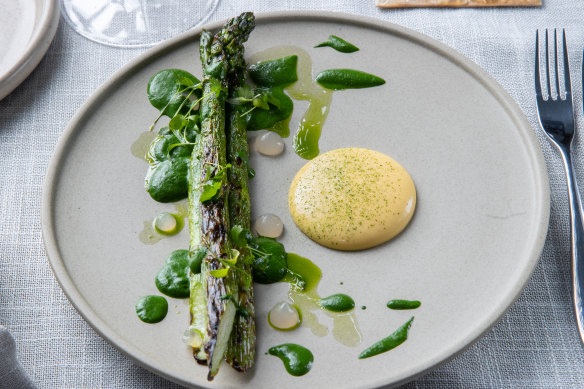 Char-grilled asparagus with verjus.