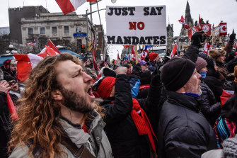 Protesters during a demonstration near Parliament Hill in Ottawa, Ontario, Canada.