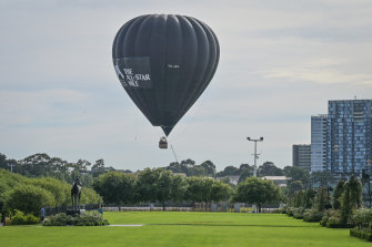 The hot air balloon, which brought Erin Holland and Damien Oliver to the All-Star Mile launch at Flemington, ended up on the racetrack.