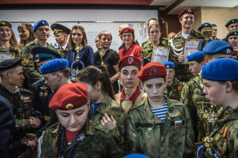 An award ceremony for a patriotic club in Vladimir, Russia, last week. Students from around the country competed in activities like map reading and shooting. 