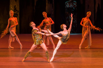 Alexander Volchkov, plays the cruel Roman consul Crassus, and Olga Smirnova, who stole the show as the cunning seductress Aegina, in the Bolshoi Ballet’s ‘Spartacus’ opening night at the Queensland Performing Arts Centre in 2019.