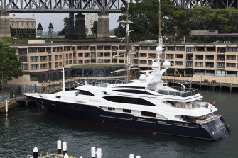 Clive Palmer’s super-yacht “Australia”, moored at Campbell’s Cove in Sydney on Tuesday.