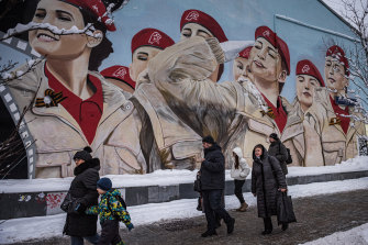 A mural in Moscow shows members of Yunarmiya, or Youth Army, an organisation associated with the Russian Defence Ministry.