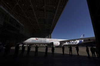 A new Airbus A350-1000 at Sydney airport as Qantas CEO Allan Joyce makes the major announcement of non-stop flights from Sydney to London and New York.