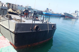 The Iranian Army released this image of the Konarak vessel, which was struck during a training exercise. The ship is docked at an unidentified naval base in Iran.