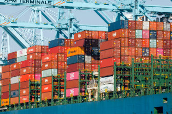 Shipping containers aboard a cargo ship at the Port of Los Angeles in February.