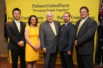Palmer United Party in 2013 with elected representatives Dio Wang (WA), Jacqui Lambie (TAS), Clive Palmer, Ricky Muir (VIC) and Glenn Lazarus (QLD).