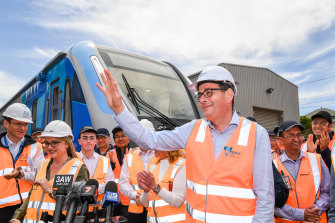 Premier Daniel Andrews and Transport Infrastructure Minister Jacinta Allan unveiling the new CRRC trains in 2018. 