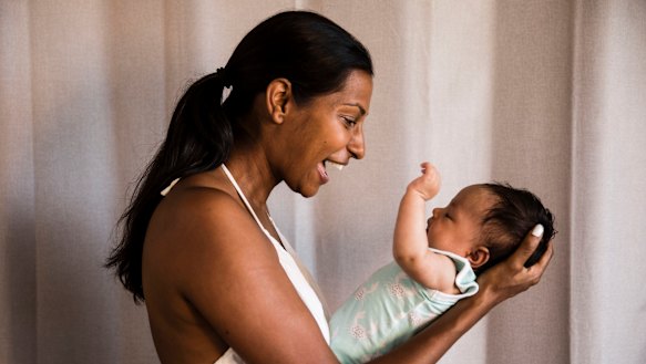 Amrita Kapur with three-month-old Ishani at their home in Coogee.