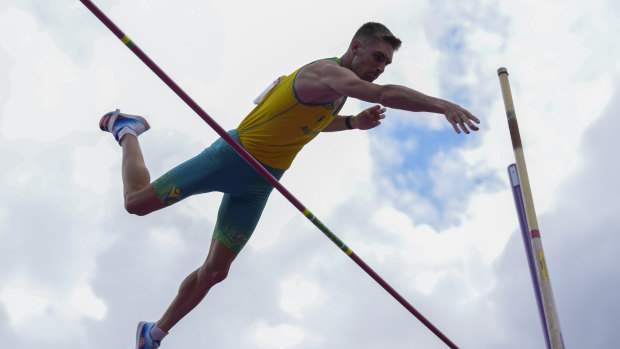 Cedric Dubler of Australia competes in the pole vault in the decathlon. 